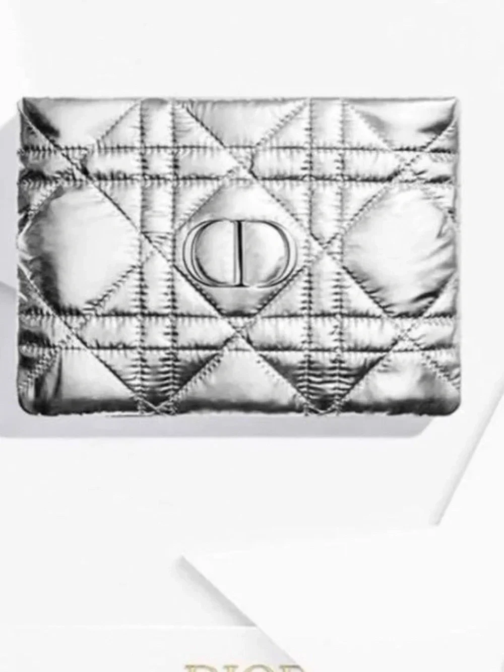 New in box Dior Silver Quilted Zip Makeup Bag Zipper Pouch with CD Logo